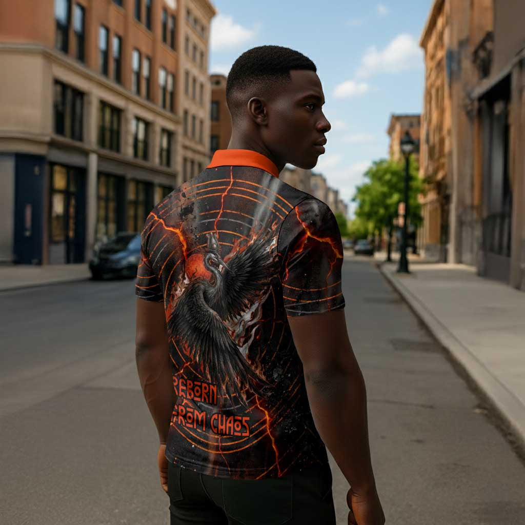 Bennu Zipper Polo Shirt Ancient Egyptian Lava Crack Texture, Phoenix Firebird and Reborn from Chaos - African Pride