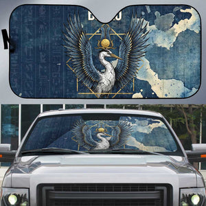 Bennu Ancient Egyptian Auto Sun Shade with Deep Blue Ink Wash, Winged Bennu Bird and Soul of Ra - African Pride