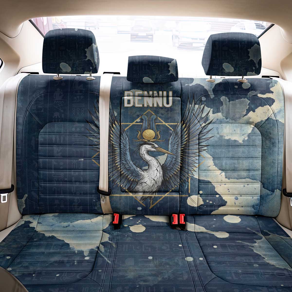 Bennu Ancient Egyptian Back Car Seat Cover with Deep Blue Ink Wash, Winged Bennu Bird and Soul of Ra - African Pride