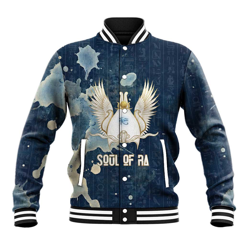 Bennu Ancient Egyptian Baseball Jacket with Deep Blue Ink Wash, Winged Bennu Bird and Soul of Ra - African Pride