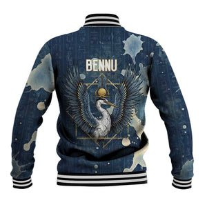 Bennu Ancient Egyptian Baseball Jacket with Deep Blue Ink Wash, Winged Bennu Bird and Soul of Ra - African Pride