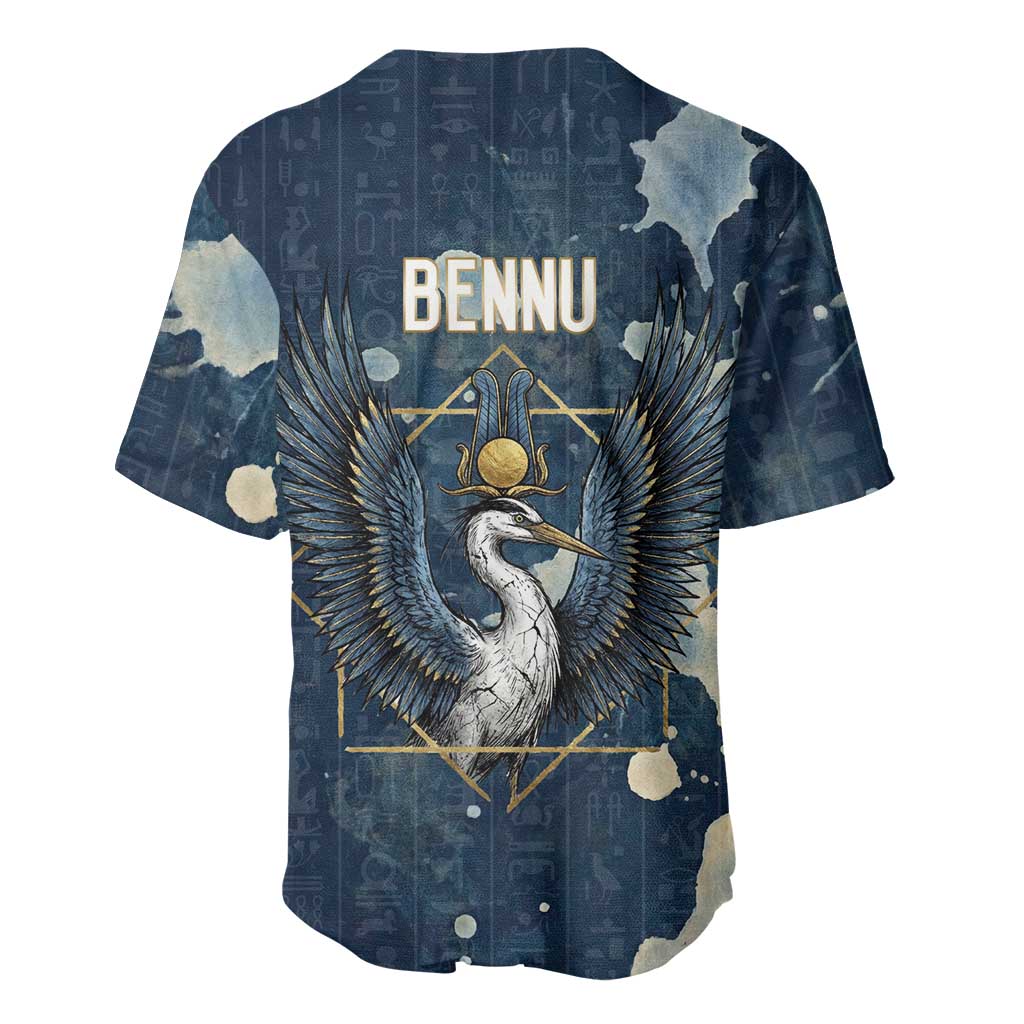 Bennu Ancient Egyptian Baseball Jersey with Deep Blue Ink Wash, Winged Bennu Bird and Soul of Ra - African Pride