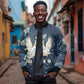 Bennu Ancient Egyptian Bomber Jacket with Deep Blue Ink Wash, Winged Bennu Bird and Soul of Ra - African Pride