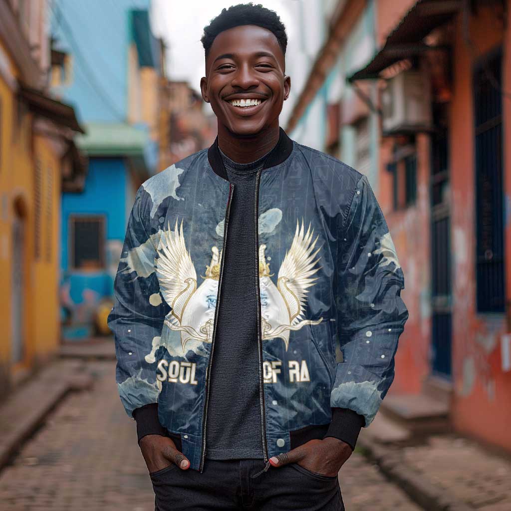 Bennu Ancient Egyptian Bomber Jacket with Deep Blue Ink Wash, Winged Bennu Bird and Soul of Ra - African Pride