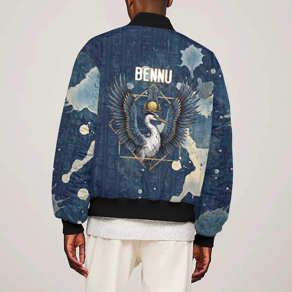 Bennu Ancient Egyptian Bomber Jacket with Deep Blue Ink Wash, Winged Bennu Bird and Soul of Ra - African Pride