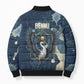 Bennu Ancient Egyptian Bomber Puffer Jacket with Deep Blue Ink Wash, Winged Bennu Bird and Soul of Ra - African Pride