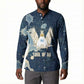 Bennu Ancient Egyptian Button Sweatshirt with Deep Blue Ink Wash, Winged Bennu Bird and Soul of Ra