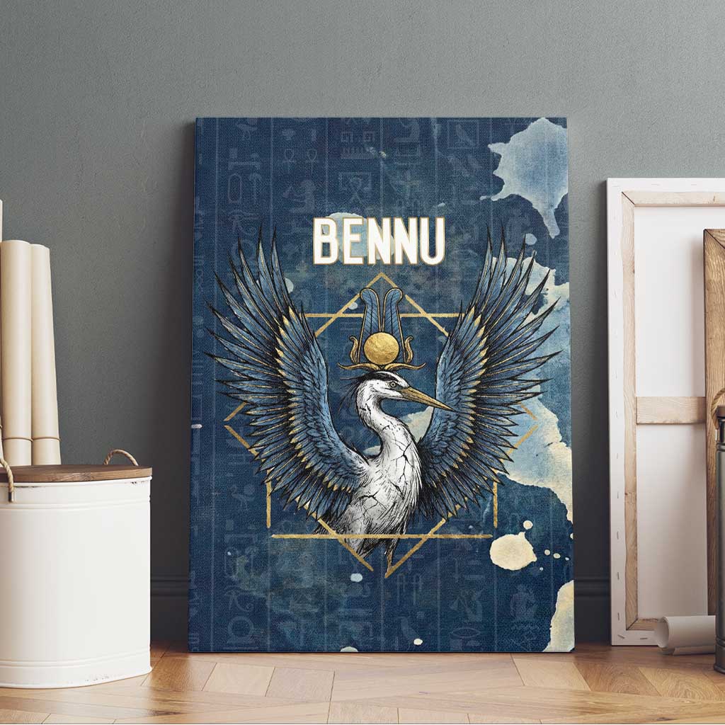 Bennu Ancient Egyptian Canvas Wall Art with Deep Blue Ink Wash, Winged Bennu Bird and Soul of Ra - African Pride