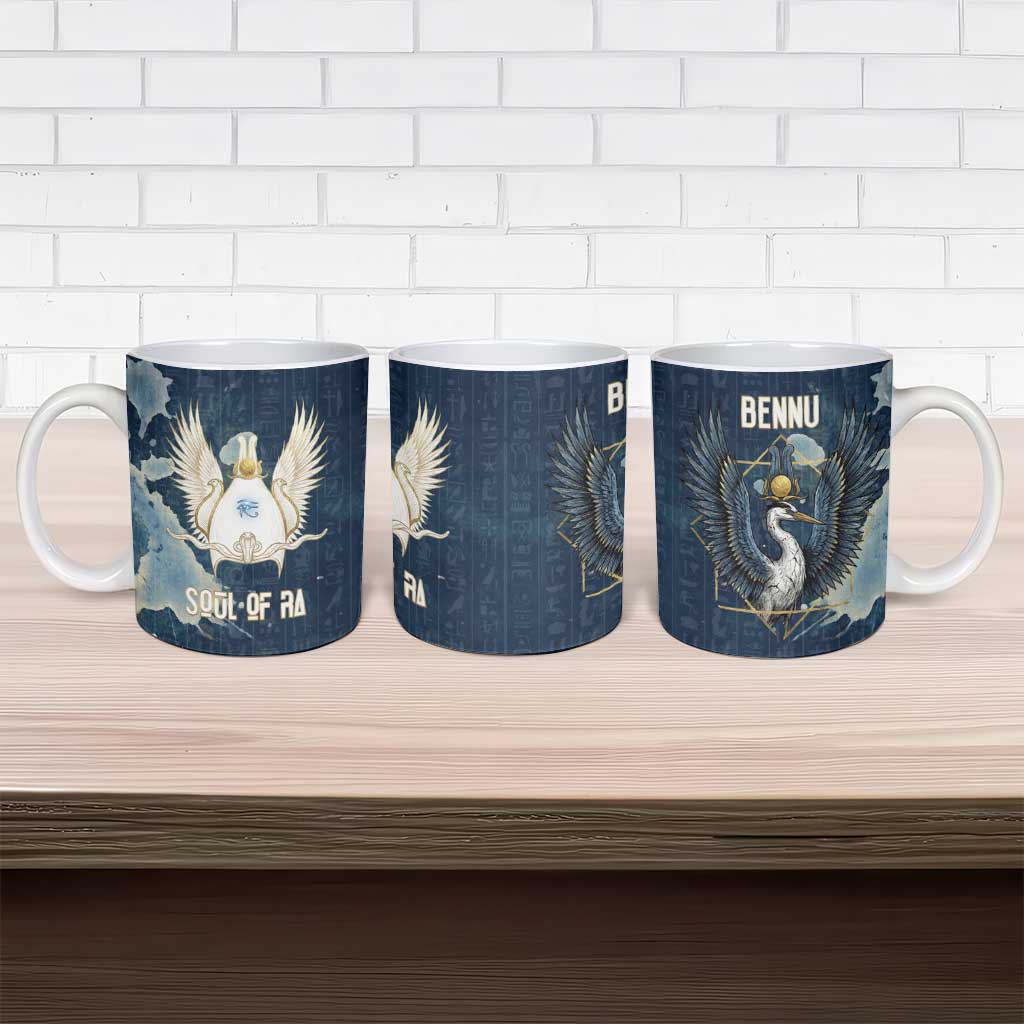 Bennu Ancient Egyptian Ceramic Mug with Deep Blue Ink Wash, Winged Bennu Bird and Soul of Ra - African Pride