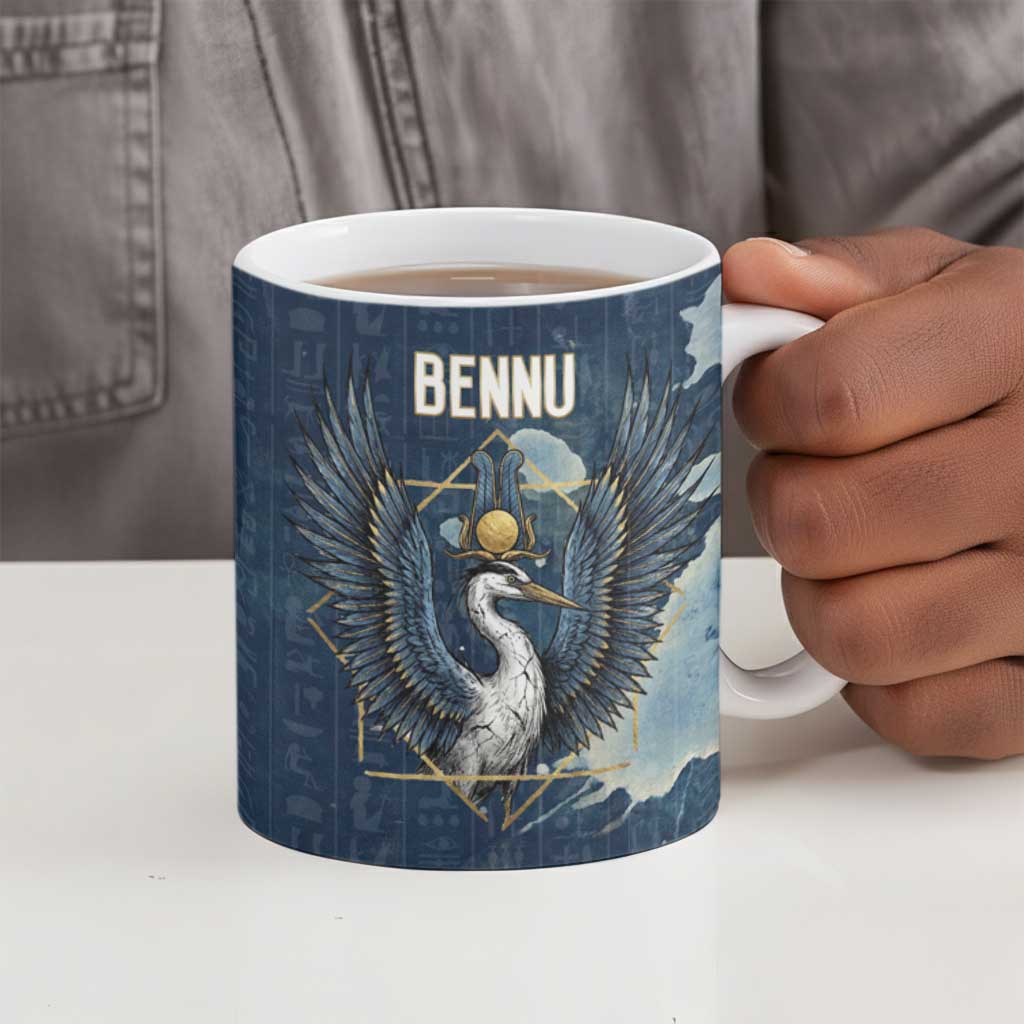 Bennu Ancient Egyptian Ceramic Mug with Deep Blue Ink Wash, Winged Bennu Bird and Soul of Ra - African Pride