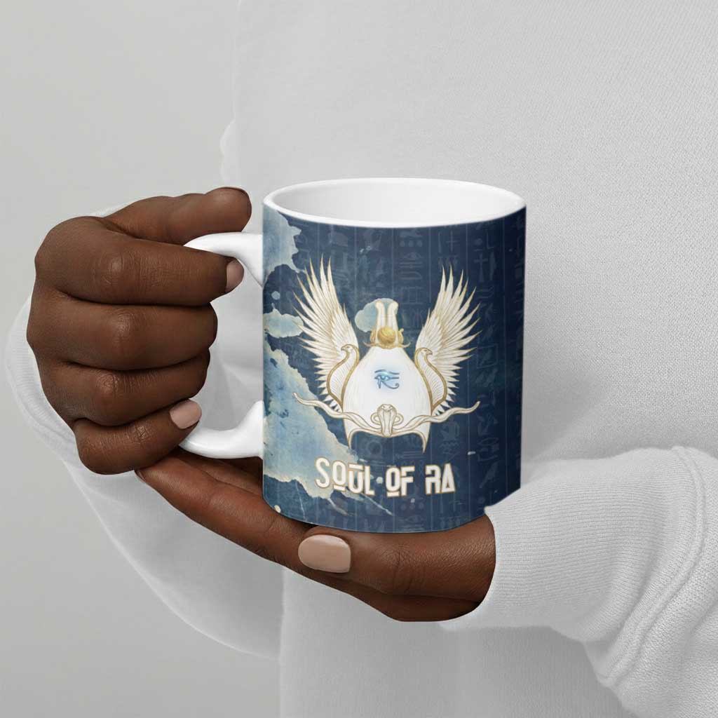Bennu Ancient Egyptian Ceramic Mug with Deep Blue Ink Wash, Winged Bennu Bird and Soul of Ra - African Pride
