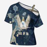 Bennu Ancient Egyptian Cross Shoulder Shirt with Deep Blue Ink Wash, Winged Bennu Bird and Soul of Ra - African Pride
