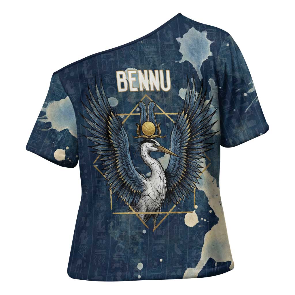 Bennu Ancient Egyptian Cross Shoulder Shirt with Deep Blue Ink Wash, Winged Bennu Bird and Soul of Ra - African Pride