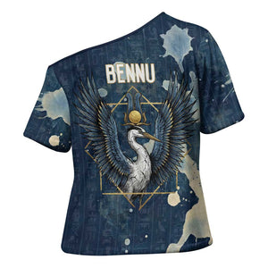 Bennu Ancient Egyptian Cross Shoulder Shirt with Deep Blue Ink Wash, Winged Bennu Bird and Soul of Ra - African Pride