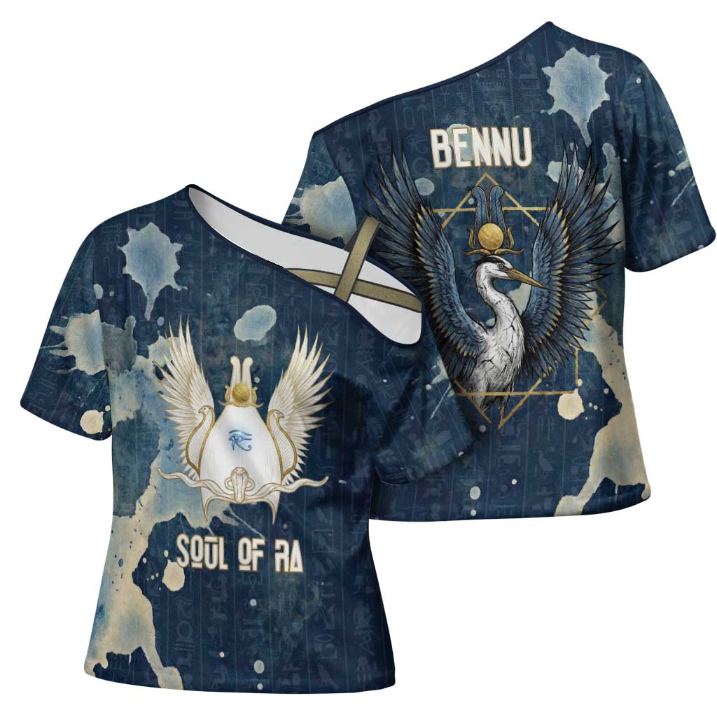 Bennu Ancient Egyptian Cross Shoulder Shirt with Deep Blue Ink Wash, Winged Bennu Bird and Soul of Ra - African Pride