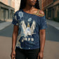 Bennu Ancient Egyptian Cross Shoulder Shirt with Deep Blue Ink Wash, Winged Bennu Bird and Soul of Ra - African Pride