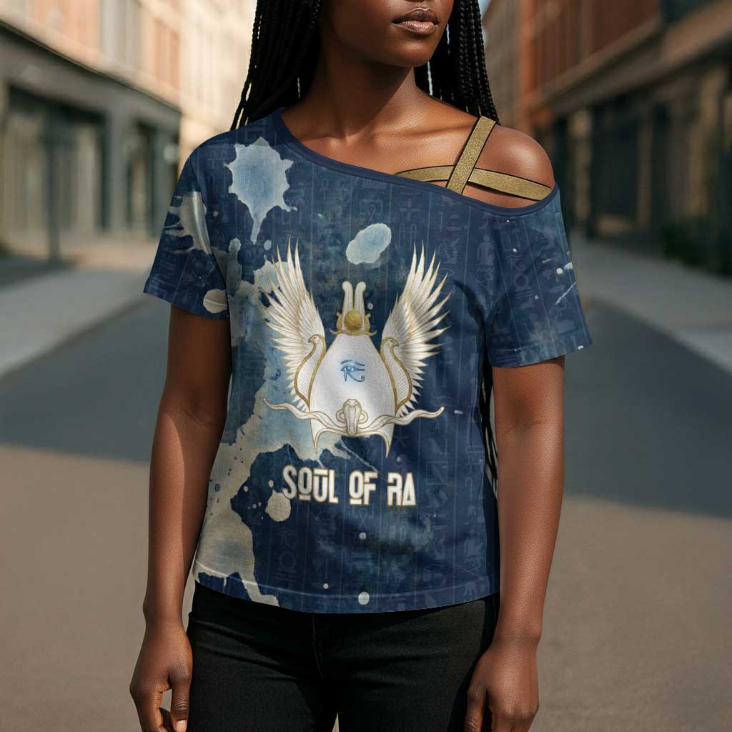 Bennu Ancient Egyptian Cross Shoulder Shirt with Deep Blue Ink Wash, Winged Bennu Bird and Soul of Ra - African Pride