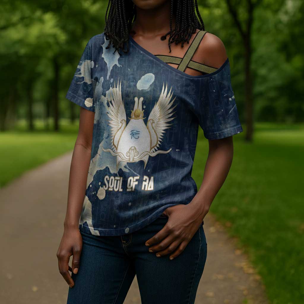 Bennu Ancient Egyptian Cross Shoulder Shirt with Deep Blue Ink Wash, Winged Bennu Bird and Soul of Ra - African Pride