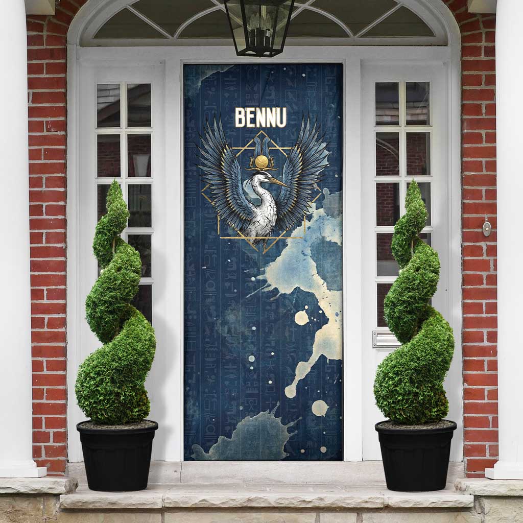 Bennu Ancient Egyptian Door Cover with Deep Blue Ink Wash, Winged Bennu Bird and Soul of Ra - African Pride