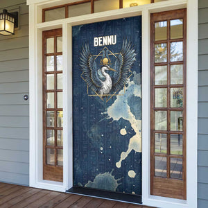 Bennu Ancient Egyptian Door Cover with Deep Blue Ink Wash, Winged Bennu Bird and Soul of Ra - African Pride