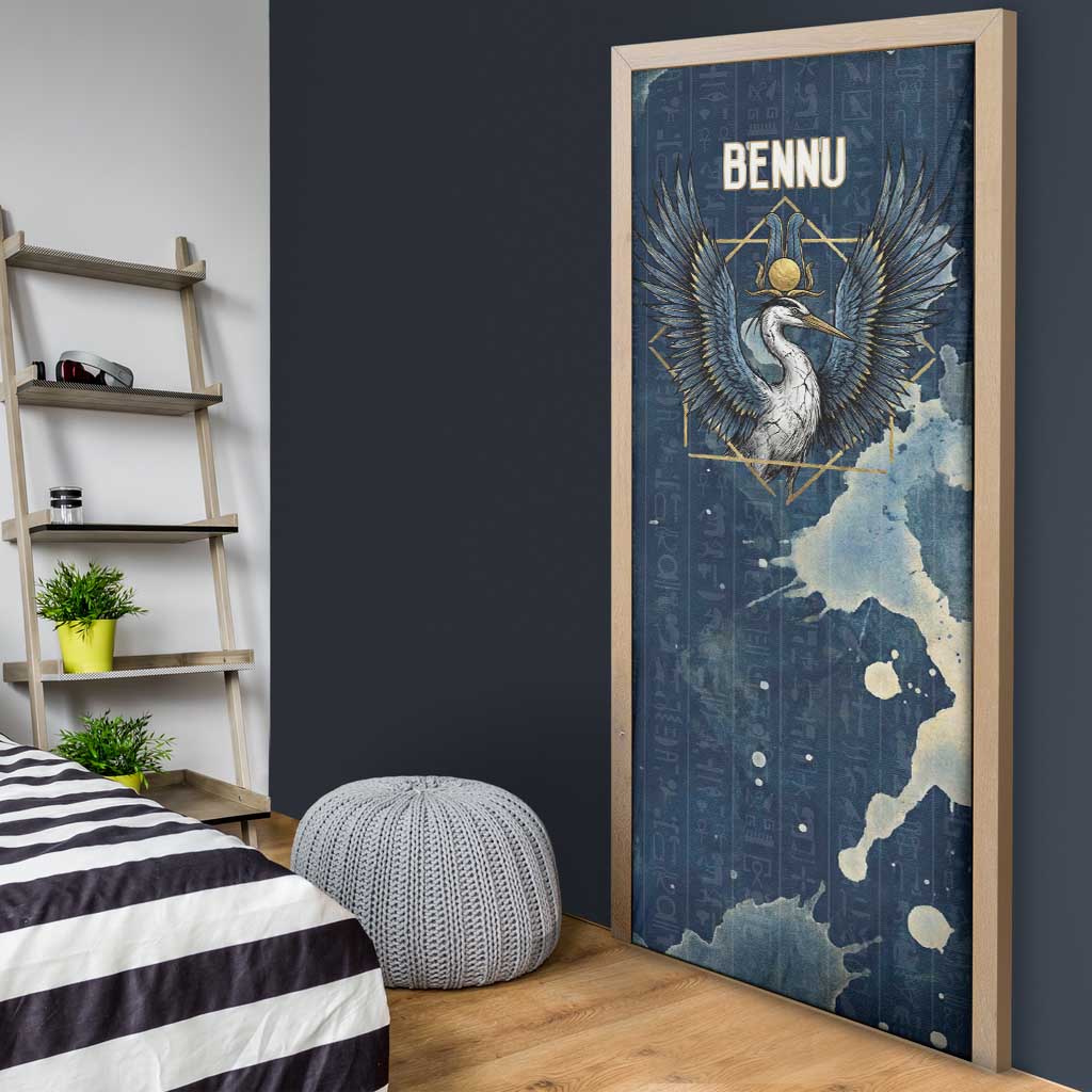 Bennu Ancient Egyptian Door Cover with Deep Blue Ink Wash, Winged Bennu Bird and Soul of Ra - African Pride
