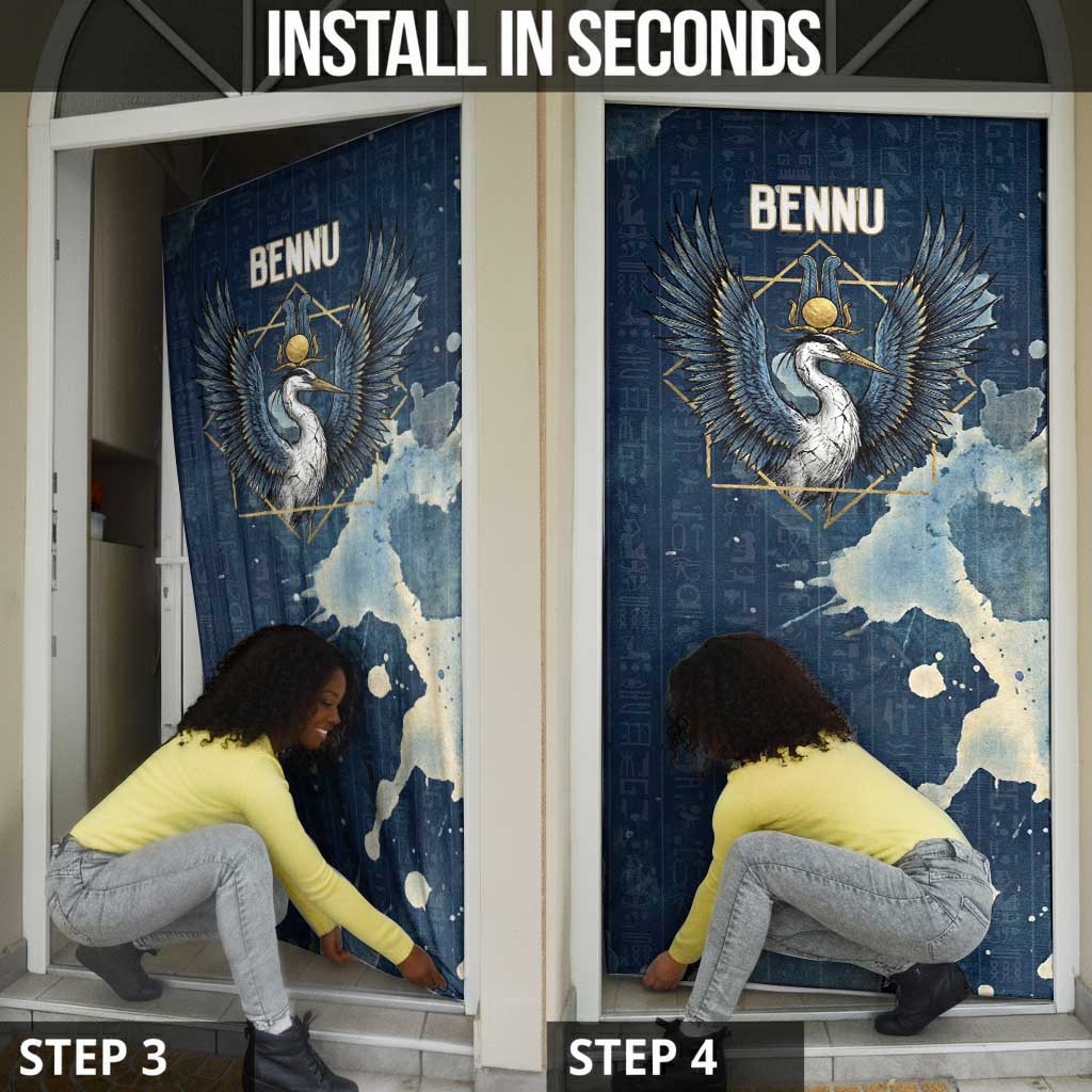 Bennu Ancient Egyptian Door Cover with Deep Blue Ink Wash, Winged Bennu Bird and Soul of Ra - African Pride