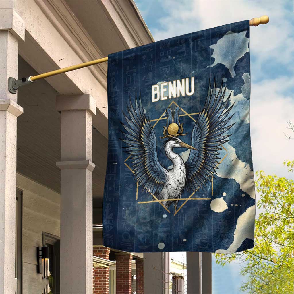 Bennu Ancient Egyptian Garden Flag with Deep Blue Ink Wash, Winged Bennu Bird and Soul of Ra - African Pride