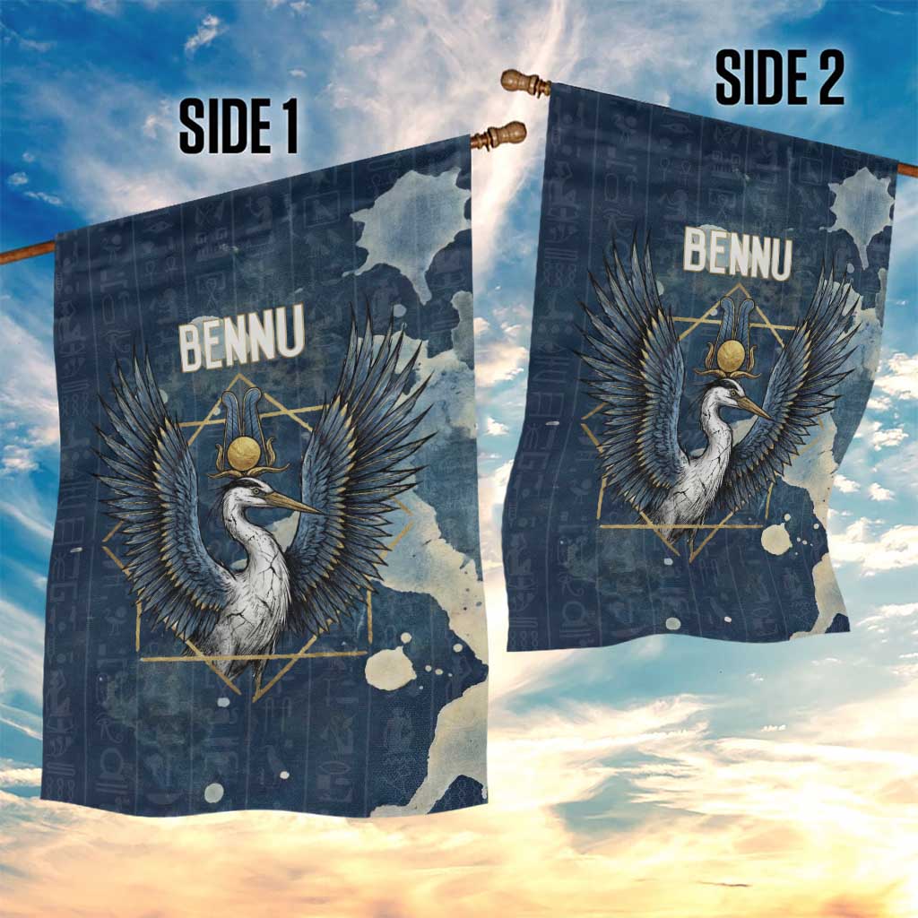 Bennu Ancient Egyptian Garden Flag with Deep Blue Ink Wash, Winged Bennu Bird and Soul of Ra - African Pride