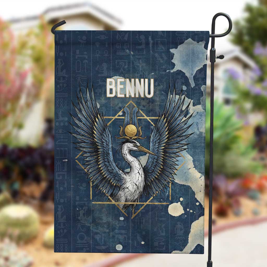Bennu Ancient Egyptian Garden Flag with Deep Blue Ink Wash, Winged Bennu Bird and Soul of Ra - African Pride