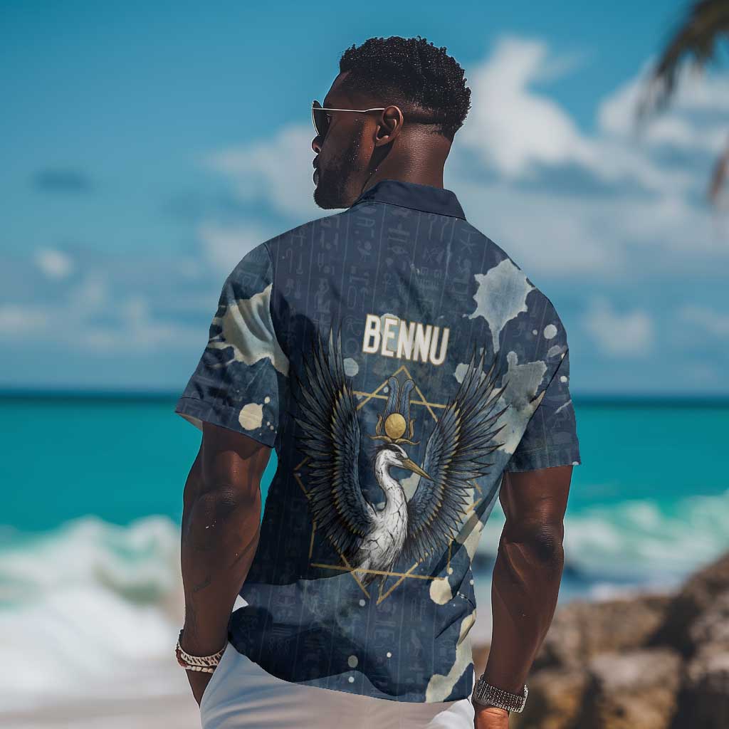 Bennu Ancient Egyptian Hawaiian Shirt with Deep Blue Ink Wash, Winged Bennu Bird and Soul of Ra - African Pride