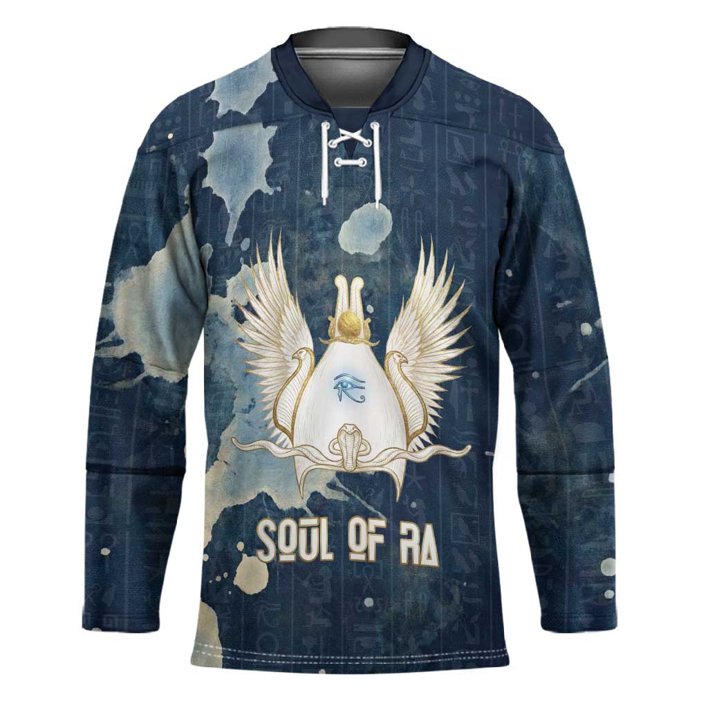 Bennu Ancient Egyptian Hockey Jersey with Deep Blue Ink Wash, Winged Bennu Bird and Soul of Ra - African Pride