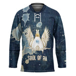 Bennu Ancient Egyptian Hockey Jersey with Deep Blue Ink Wash, Winged Bennu Bird and Soul of Ra - African Pride