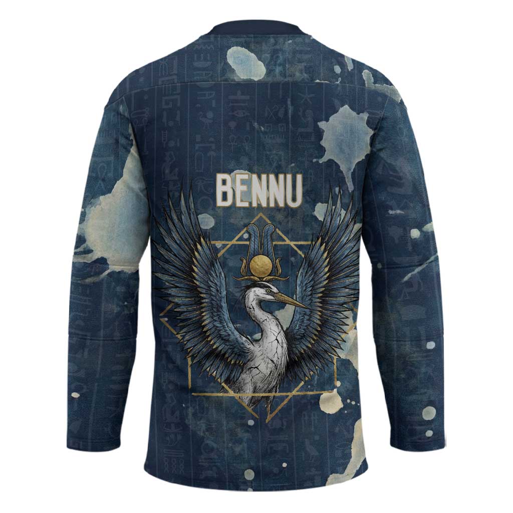 Bennu Ancient Egyptian Hockey Jersey with Deep Blue Ink Wash, Winged Bennu Bird and Soul of Ra - African Pride
