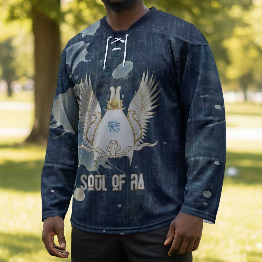 Bennu Ancient Egyptian Hockey Jersey with Deep Blue Ink Wash, Winged Bennu Bird and Soul of Ra - African Pride