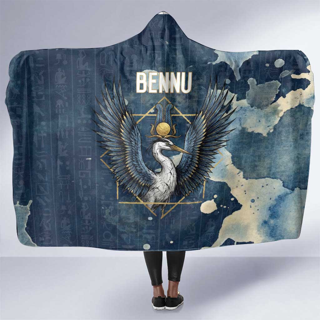 Bennu Ancient Egyptian Hooded Blanket with Deep Blue Ink Wash, Winged Bennu Bird and Soul of Ra - African Pride