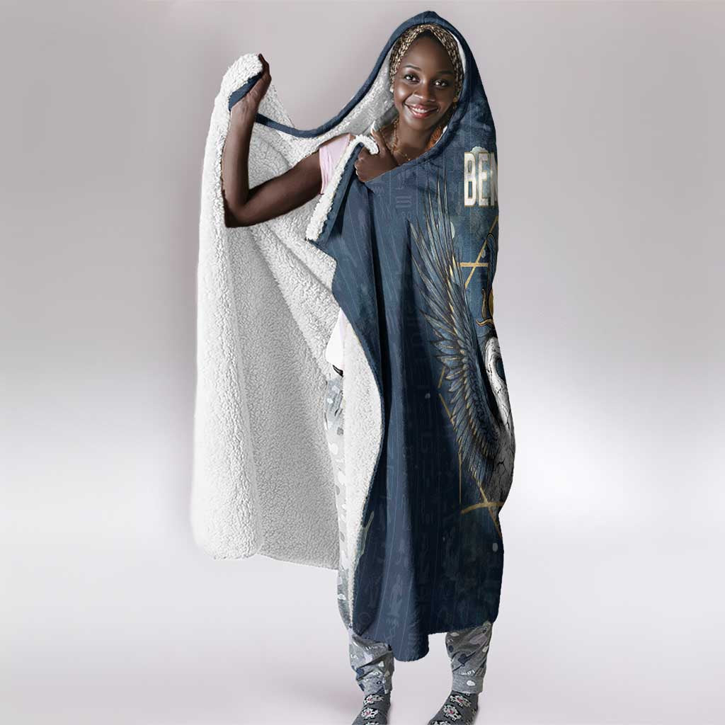 Bennu Ancient Egyptian Hooded Blanket with Deep Blue Ink Wash, Winged Bennu Bird and Soul of Ra - African Pride