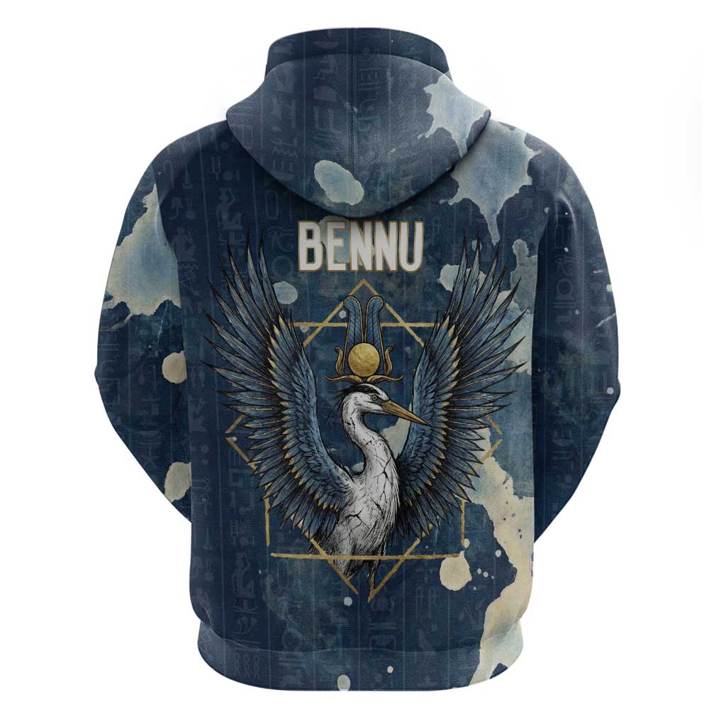 Bennu Ancient Egyptian Hoodie with Deep Blue Ink Wash, Winged Bennu Bird and Soul of Ra - African Pride