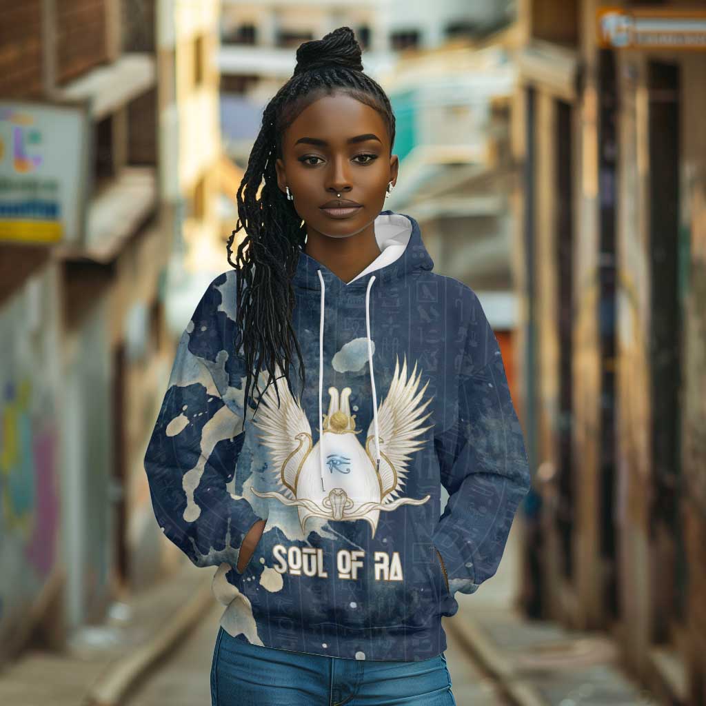 Bennu Ancient Egyptian Hoodie with Deep Blue Ink Wash, Winged Bennu Bird and Soul of Ra - African Pride