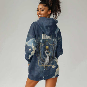 Bennu Ancient Egyptian Hoodie Dress with Deep Blue Ink Wash, Winged Bennu Bird and Soul of Ra - African Pride