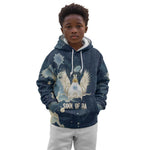 Bennu Ancient Egyptian Kid Hoodie with Deep Blue Ink Wash, Winged Bennu Bird and Soul of Ra - African Pride
