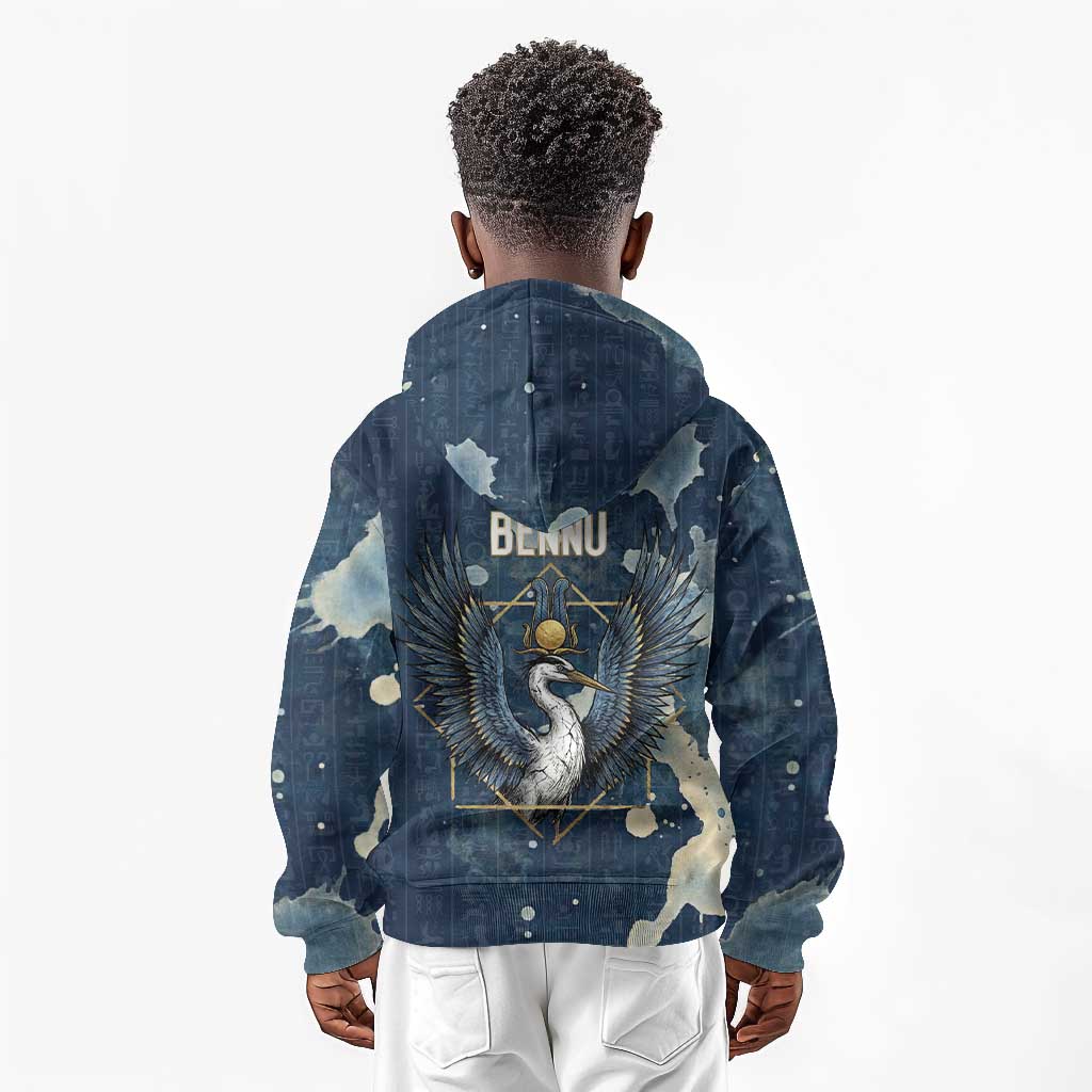 Bennu Ancient Egyptian Kid Hoodie with Deep Blue Ink Wash, Winged Bennu Bird and Soul of Ra - African Pride