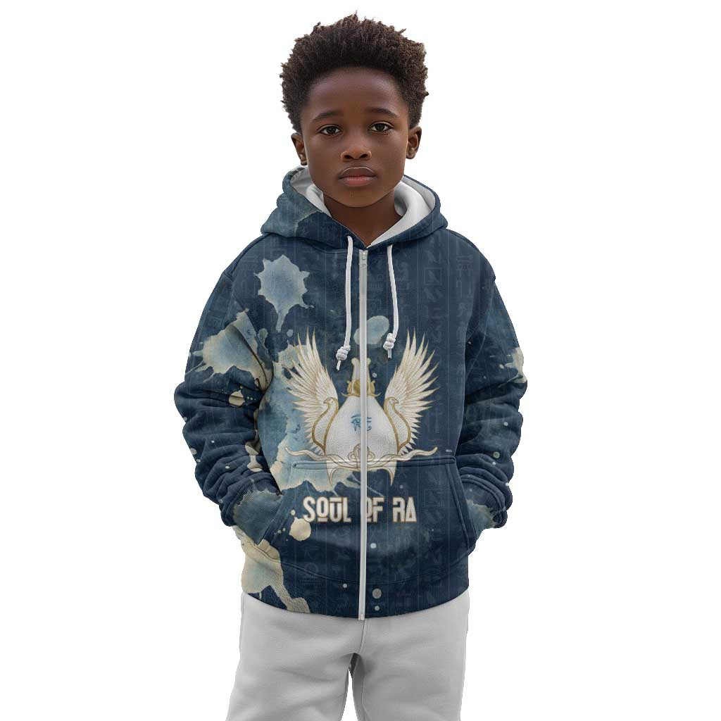 Bennu Ancient Egyptian Kid Hoodie with Deep Blue Ink Wash, Winged Bennu Bird and Soul of Ra - African Pride