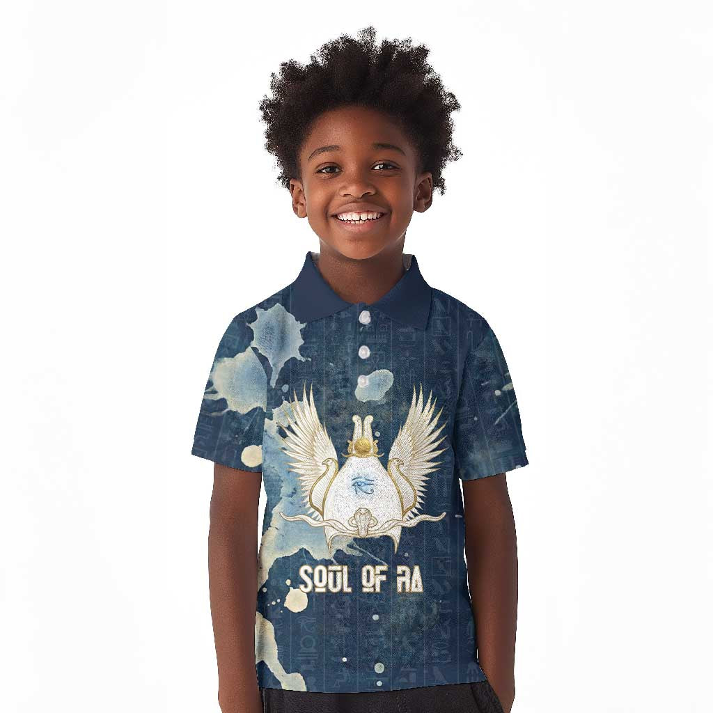 Bennu Ancient Egyptian Kid Polo Shirt with Deep Blue Ink Wash, Winged Bennu Bird and Soul of Ra - African Pride