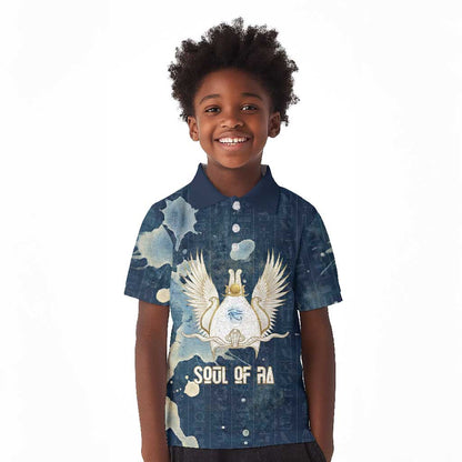 Bennu Ancient Egyptian Kid Polo Shirt with Deep Blue Ink Wash, Winged Bennu Bird and Soul of Ra - African Pride