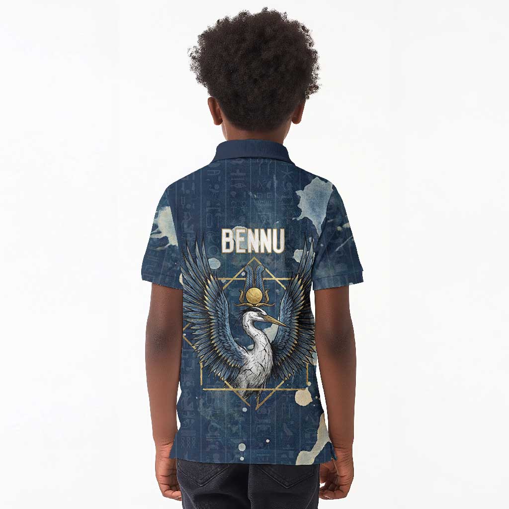 Bennu Ancient Egyptian Kid Polo Shirt with Deep Blue Ink Wash, Winged Bennu Bird and Soul of Ra - African Pride