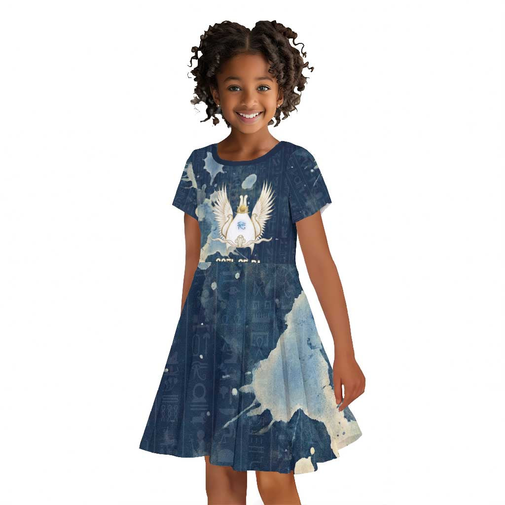 Bennu Ancient Egyptian Kid Short Sleeve Dress with Deep Blue Ink Wash, Winged Bennu Bird and Soul of Ra - African Pride