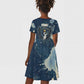 Bennu Ancient Egyptian Kid Short Sleeve Dress with Deep Blue Ink Wash, Winged Bennu Bird and Soul of Ra - African Pride
