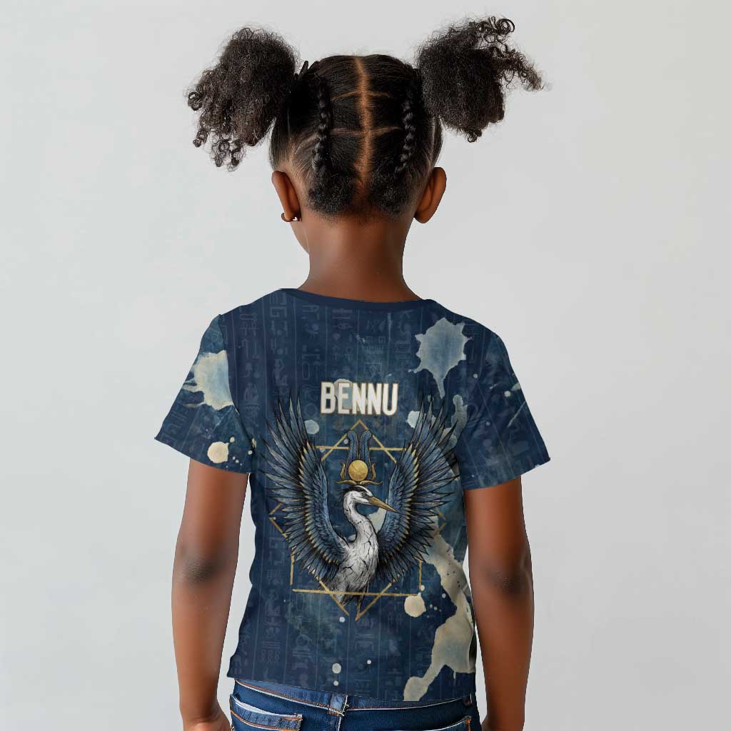 Bennu Ancient Egyptian Kid T shirt with Deep Blue Ink Wash, Winged Bennu Bird and Soul of Ra - African Pride