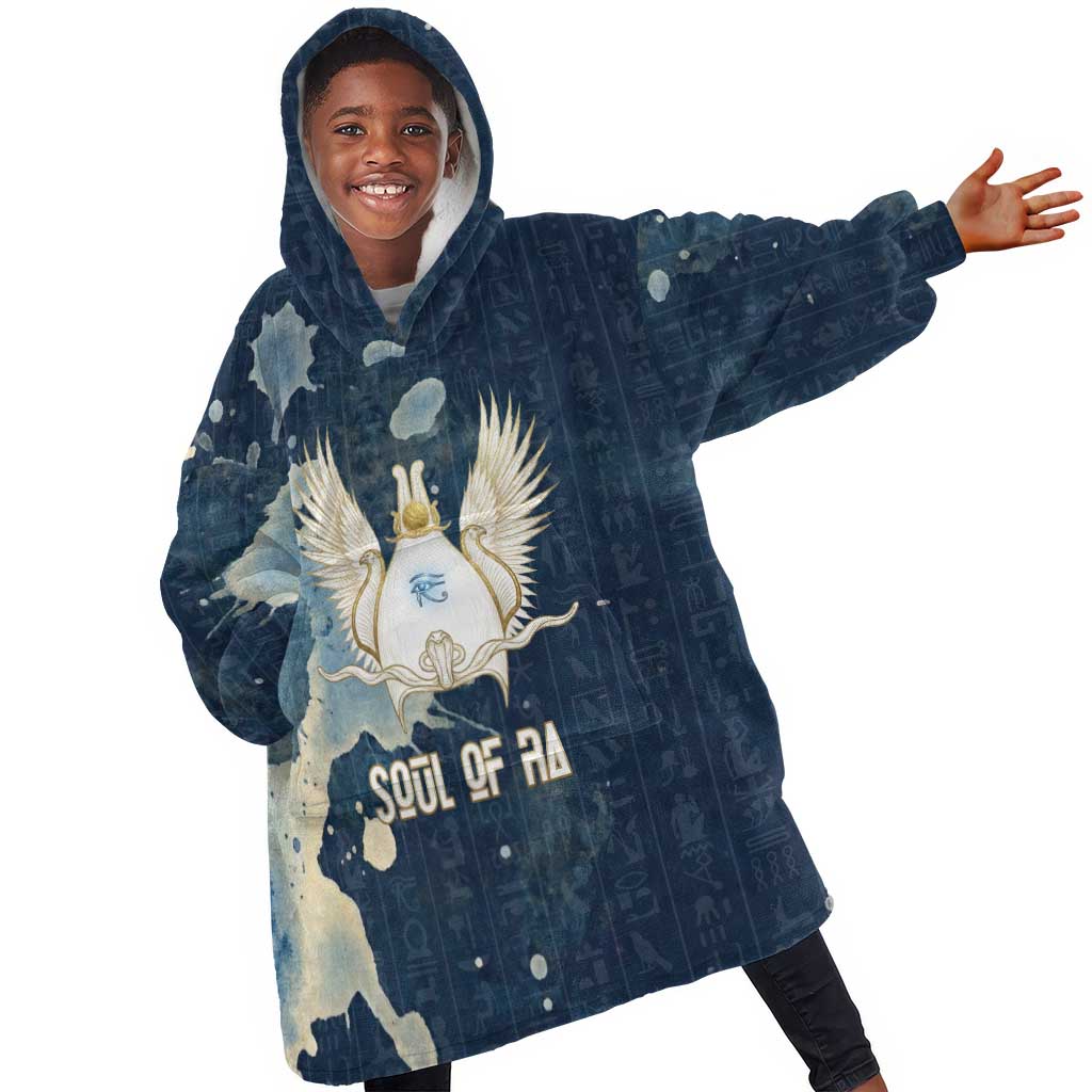 Bennu Ancient Egyptian Kid Wearable Blanket Hoodie with Deep Blue Ink Wash, Winged Bennu Bird and Soul of Ra - African Pride