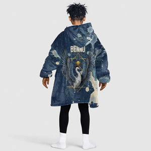 Bennu Ancient Egyptian Kid Wearable Blanket Hoodie with Deep Blue Ink Wash, Winged Bennu Bird and Soul of Ra - African Pride
